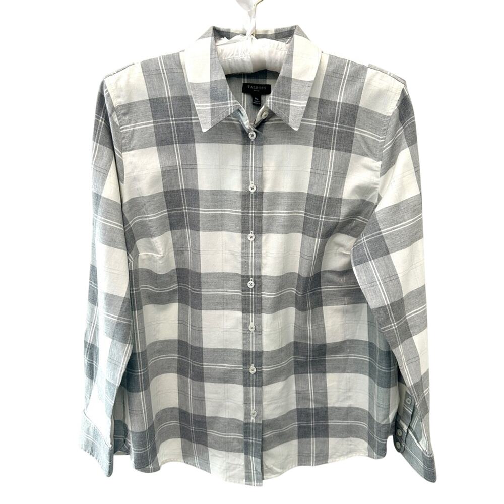 TALBOTS Petite Gray White Plaid Button Down Shirt Cotton Metallic | Medium